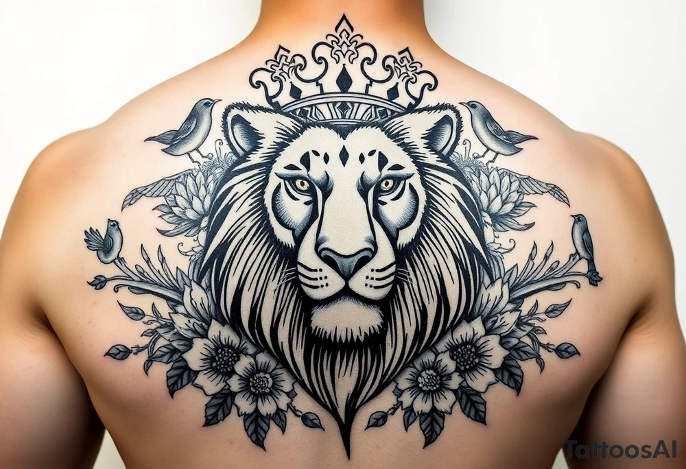 powerful majestic lion with a crown, surrounded by floral ornaments and birds tattoo idea