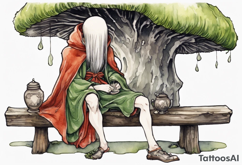 a mossy mushroom wearing medieval cloak sitting on a bench drinking from a wood cup tattoo idea