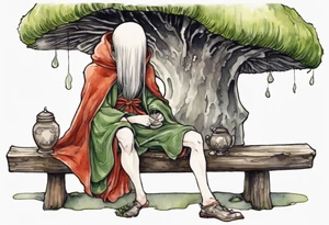 a mossy mushroom wearing medieval cloak sitting on a bench drinking from a wood cup tattoo idea