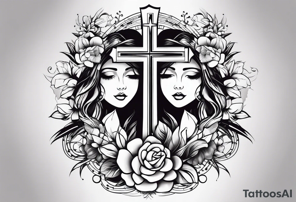 A tattoo to draw on my right arm with a mix with the cross of Jesus and with some things symbolizing my wife, my daughter, my 2 dogs, some musical elements about keyboards and pianos too and some elements that remember Brazil and the USA tattoo idea