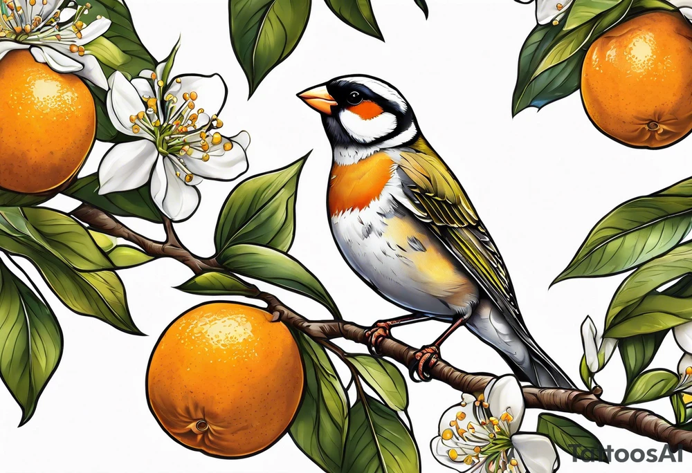 finch leaving on an orange blossom branch with its wings up tattoo idea