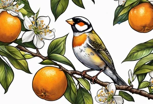 finch leaving on an orange blossom branch with its wings up tattoo idea