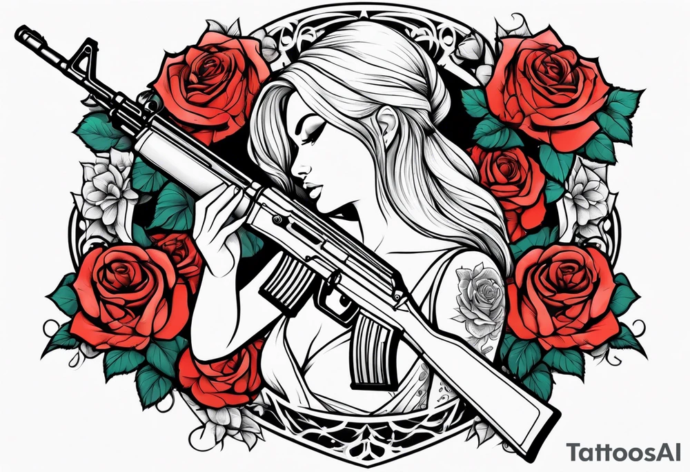 Beautiful angle with tattoos surrounded by roses holding a ak 47 tattoo idea