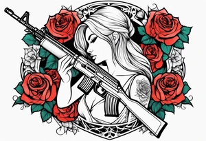 Beautiful angle with tattoos surrounded by roses holding a ak 47 tattoo idea