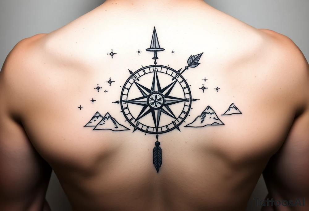a compass,stars,landscape,an arrow. tattoo idea