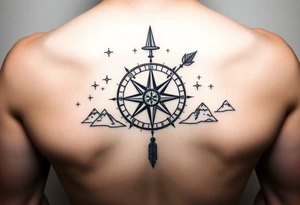 a compass,stars,landscape,an arrow. tattoo idea