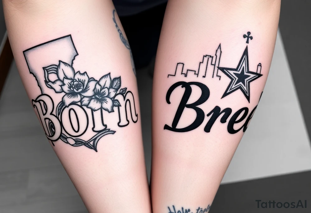 Calf sleeve, black and grey ink. The word “ “Born” outlined boldly on one side and “Bred” outlined boldly on the other side. 
The side with “Born” surrounded by Louisiana artifacts such as LSU logo, SU logo, a detailed magnolia flower, and Mississippi River bridge in the backdrop. 
On the side with the word Bred, Dallas skyline in the background with a Dallas cowboys star somewhere as well as a Pegasus logo. I would like a sleeve on the lower leg tattoo idea