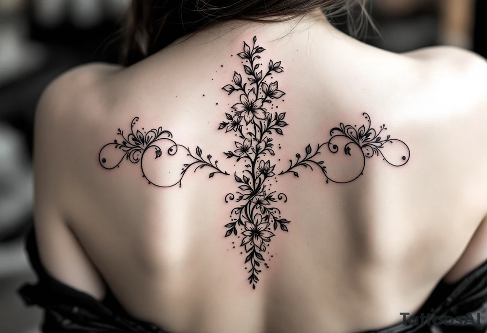1.	Cherry Blossom Flow (Central Spine): A cascading cherry blossom flowing vertically along the spine to cover the central portion of the existing tattoo. Symmetrical patterns inspired by ornamental designs, with intricate curves and dotwork extending outward from the base of the spine. These elements should balance the floral motif and enhance the lower back area with a decorative, feminine flair.
	3.	Dotwork and Contouring: Delicate linework and dot patterns should be added around the floral design to give texture and seamlessly blend the tattoo with the surrounding skin. The ornamentation should curve naturally along the shape of the body, creating a cohesive, elegant look. tattoo idea