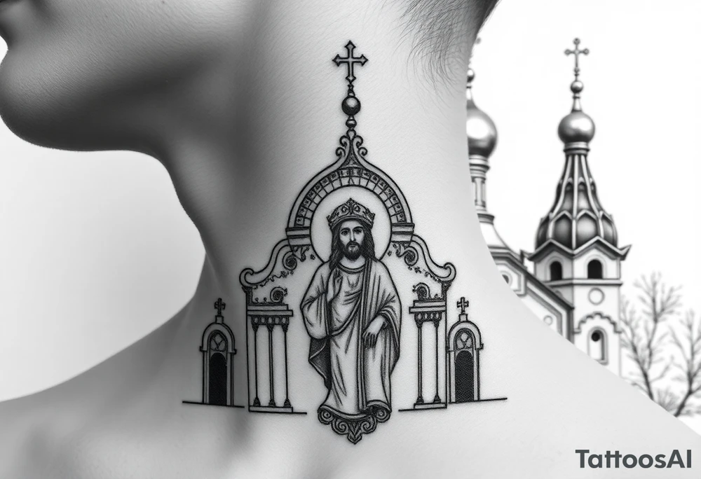 medium sized Russian orthodox church with bulb domes with a prominent russian orthodox mosaic jesus tattoo idea