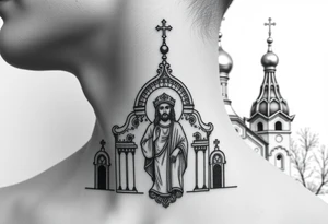 medium sized Russian orthodox church with bulb domes with a prominent russian orthodox mosaic jesus tattoo idea