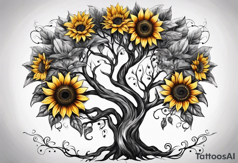 Feminine Yggdrasil tree with 2 sunflowers tattoo idea