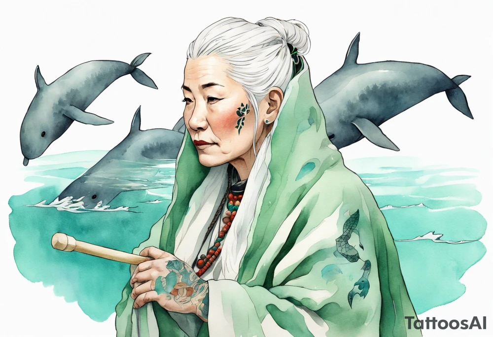 a 45-year-old Sami woman with white  hair wearing a white and mint cloak swimming with a narwhal tattoo idea