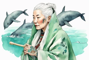 a 45-year-old Sami woman with white  hair wearing a white and mint cloak swimming with a narwhal tattoo idea