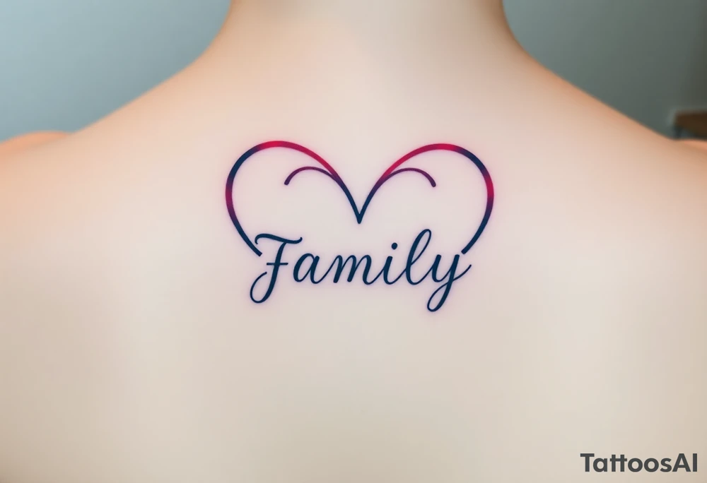Colorful heart-shaped infinity symbol loop endings, and the word "family" elegantly placed at the center in a soft script tattoo idea