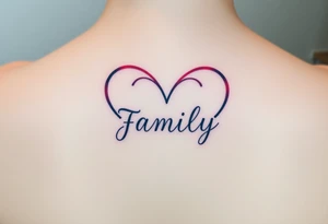 Colorful heart-shaped infinity symbol loop endings, and the word "family" elegantly placed at the center in a soft script tattoo idea