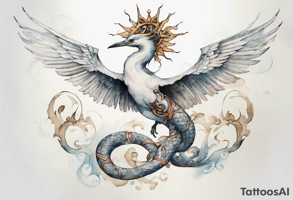 a watercolor of a white bird-serpent hybrid wearing an iron crown, flying tattoo idea
