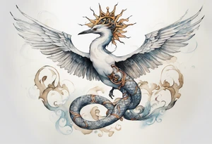 a watercolor of a white bird-serpent hybrid wearing an iron crown, flying tattoo idea