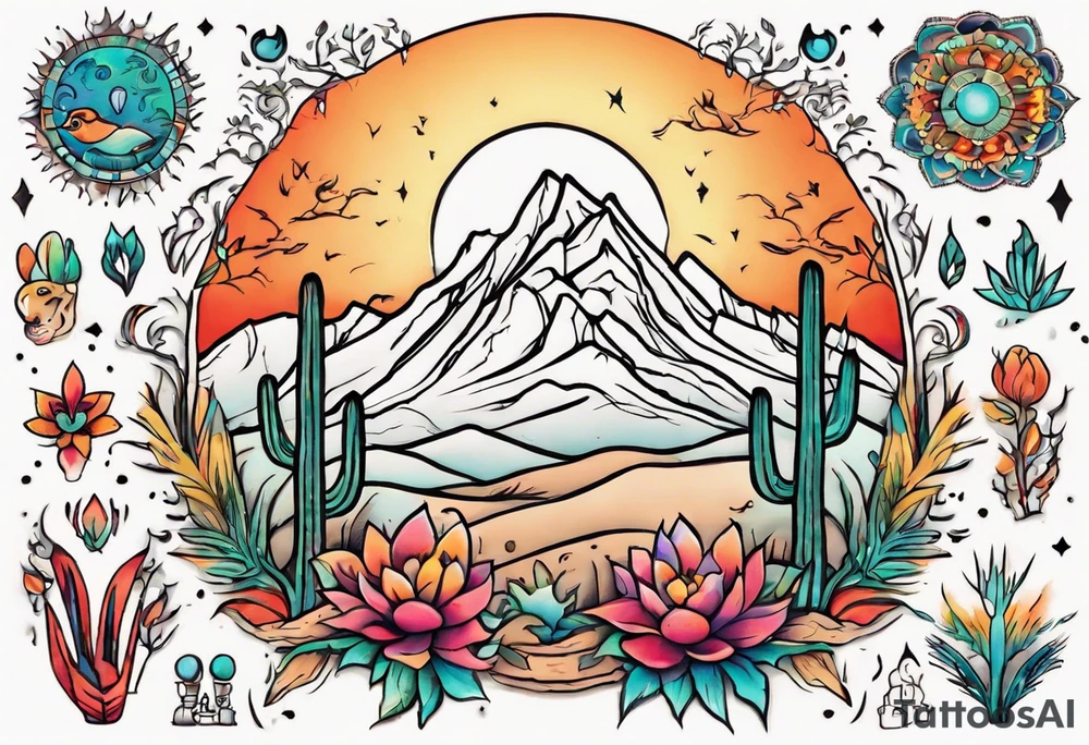 Design a vibrant, colorful, and intricate desert-themed tattoo to cover my chest piece. Incorporate elements like trees, flowers, and animals to create a harmonious and eye-catching composition. tattoo idea