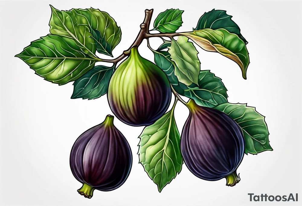 A fig branch with 3 greenish-brown fruits and multiple leaves tattoo idea