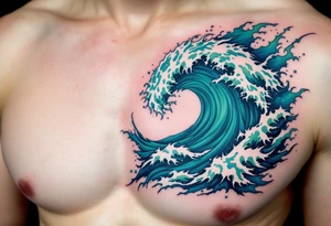 A crashing ocean wave in shades of emerald and cobalt crashes down the spine. tattoo idea