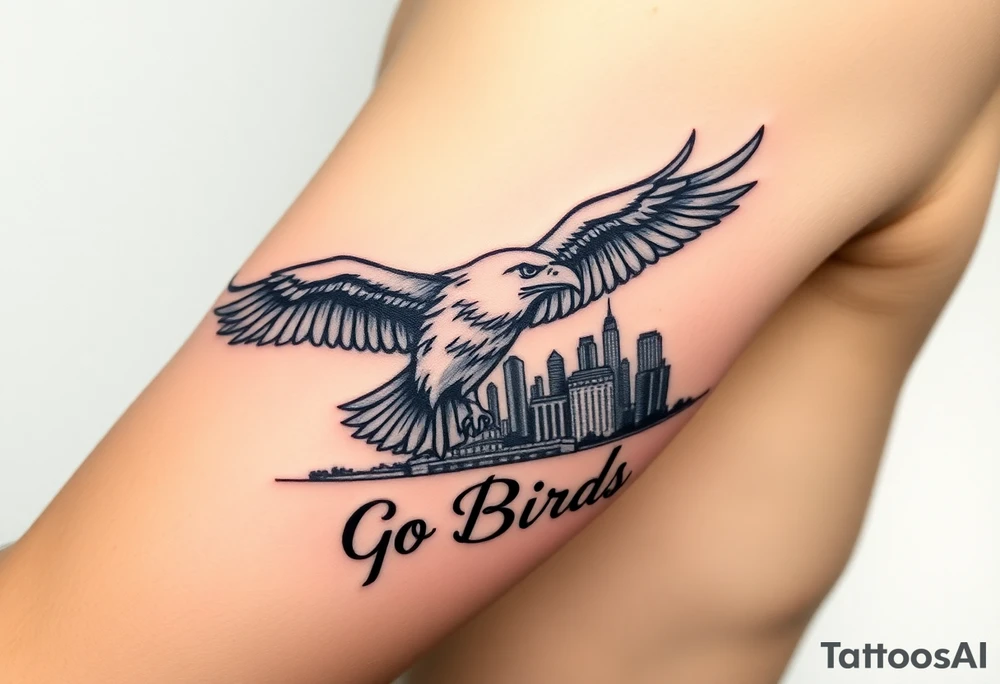 Philadelphia Eagle flying over Philadelphia city skyline faded with a Go Birds written under it tattoo idea