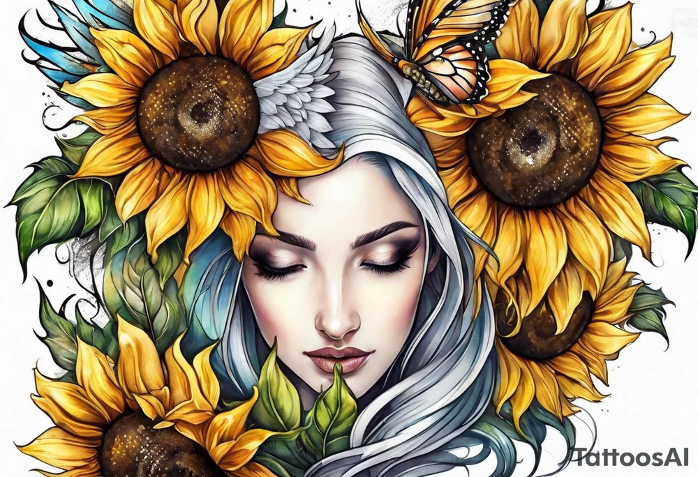 Sunflowers and angel wings leg sleeve tattoo idea