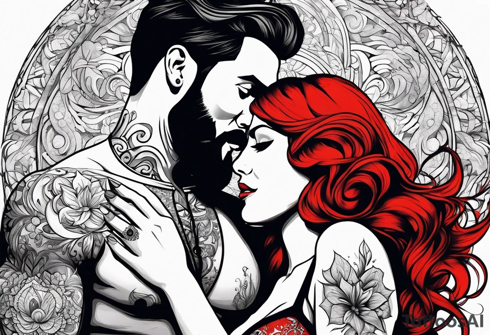 Busty red haired woman with a bearded man who has black hair tattoo idea