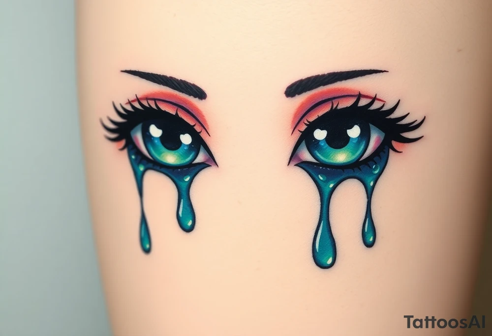 teary eyes with dripping teardrops colored in deep blues and greens, with a faint reflection of the night sk tattoo idea