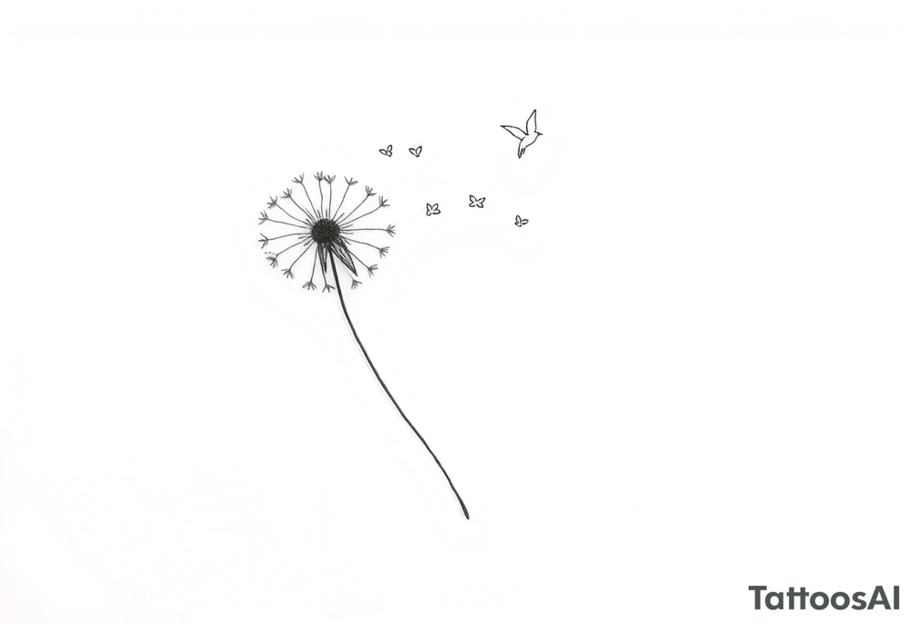 Dandelion tattoo representing motherhood, blowing in the wind giving myself to the next generation. Five birds for my children and two white birds for the children I lost. Whimsical and fine line. More artistic and soft. Still not right. Try again tattoo idea