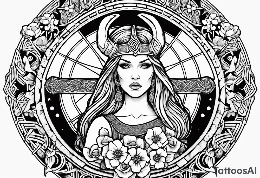 Viking goddess, axes, moonlight, flowers, Celtic, bedroom eyes, circular border, thors hammer tattoo idea