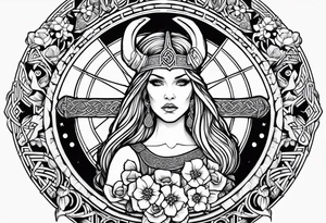 Viking goddess, axes, moonlight, flowers, Celtic, bedroom eyes, circular border, thors hammer tattoo idea