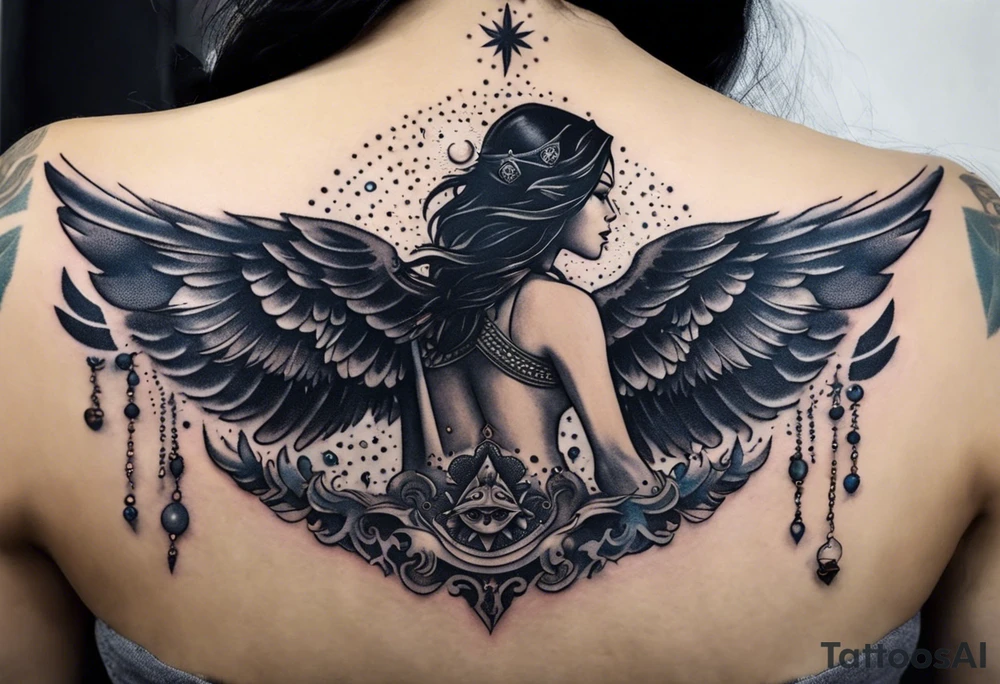 black kali, goddess pirate, alien, angel, pachamama, valkrye, warrior, flying, skull, lotus azul, wing, eagle, zenza resonance, stars, 5D, anahata chakra, death, durga, riding on a tiger, flying lady, chest tatoo tattoo idea