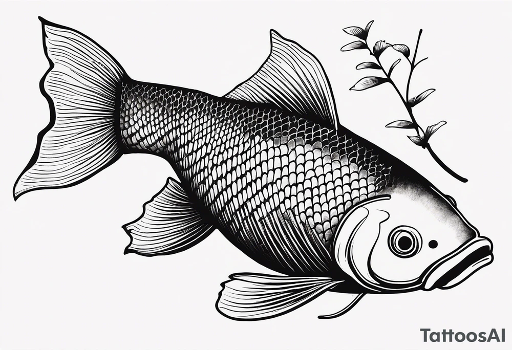 Koi fish, ginkgo leaf, minimalism style for tattoo, black and white ink sketch over textured paper tattoo idea