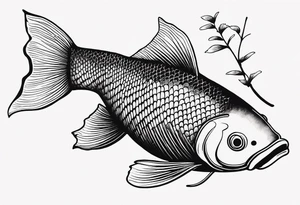 Koi fish, ginkgo leaf, minimalism style for tattoo, black and white ink sketch over textured paper tattoo idea