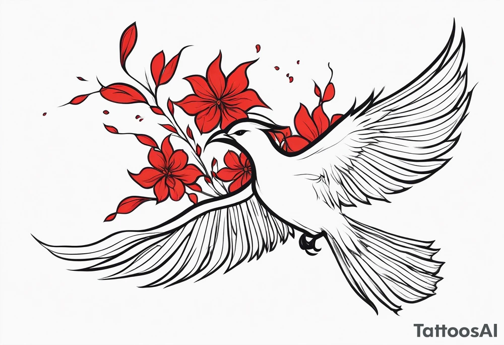 elongated phoenix in flight
in profile long tail with claws holding red flowers falling tattoo idea
