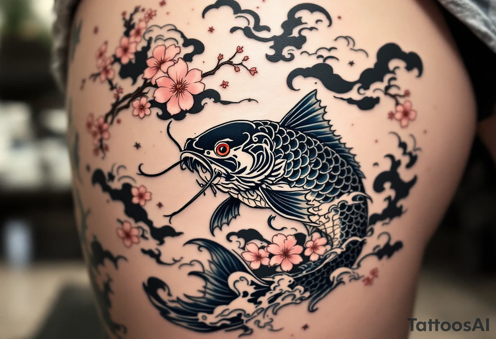 Japanese-Inspired Catfish (Namazu) – A mythological catfish with black and indigo scales, surrounded by dramatic waves, cherry blossoms, and storm clouds, done in Irezumi style. tattoo idea