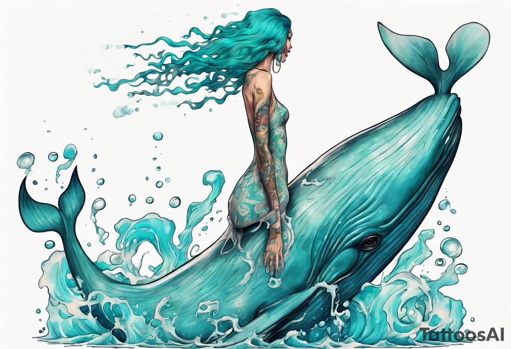 a tall woman made of water with turquoise hair standing on the back of a whale tattoo idea