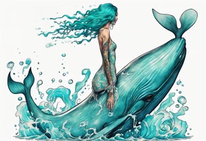 a tall woman made of water with turquoise hair standing on the back of a whale tattoo idea