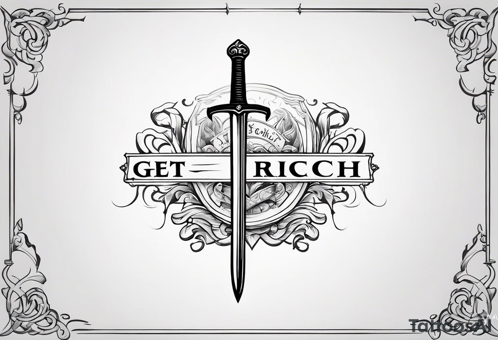 Sketch of a sword in gothic style with added creepy elements and the inscription “get rich” tattoo idea