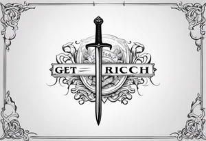 Sketch of a sword in gothic style with added creepy elements and the inscription “get rich” tattoo idea