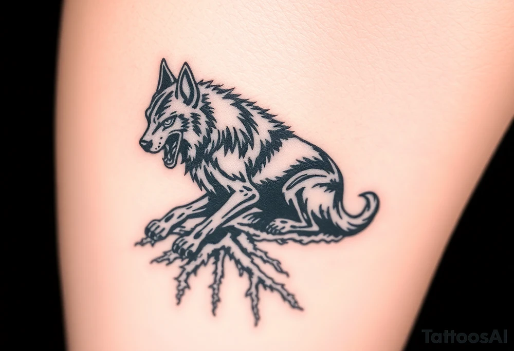 Powerful dark side black woof, sitting with roots, waiting to be unleashed on lower leg tattoo idea