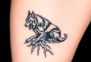 Powerful dark side black woof, sitting with roots, waiting to be unleashed on lower leg tattoo idea
