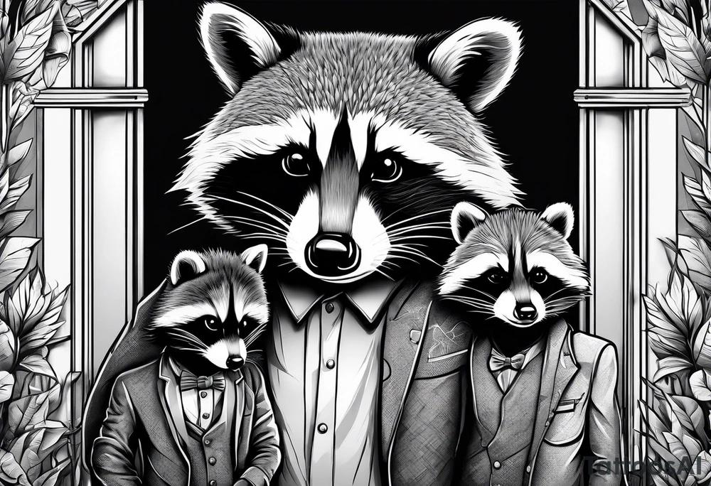 Very detailed Raccoon Husband with wife and child.
Background modern House between woods tattoo idea