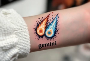 A twin comet design, one burning in fiery orange and the other glowing in icy blue, crashing into each other with word "gemini" underneath. tattoo idea