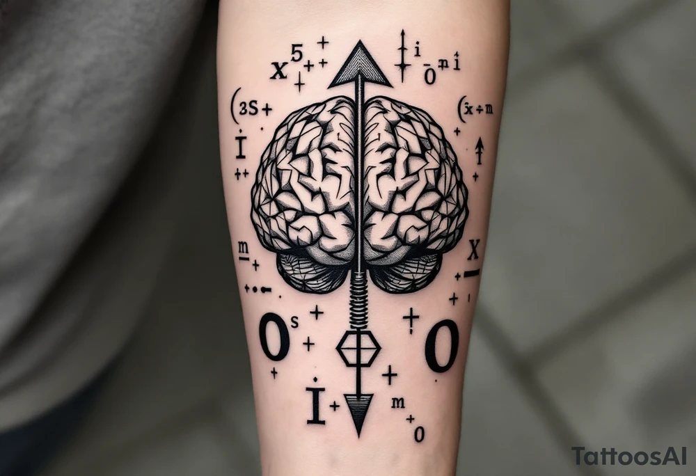 A front-seen brain in geometric and straight lines, math symbols arround. A detailed arrow crosses from below and exit from the top, with its tip desintegrating to represent entropy. Around of the main tattoo, math and physics formulas fill the space, including the formula "ΔS ≥ 0" and the formula "(iδ + m) Φ = 0" tattoo idea