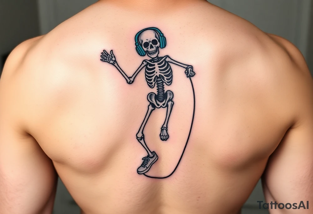 Funny small skeleton jump on exercises jump rope with a blue headphones and blue tennis shoes tattoo idea