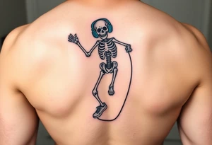 Funny small skeleton jump on exercises jump rope with a blue headphones and blue tennis shoes tattoo idea