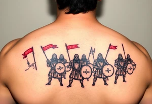 A procession of Czech warriors, with Ortel written in banners flowing above them, in sepia and dark red. tattoo idea