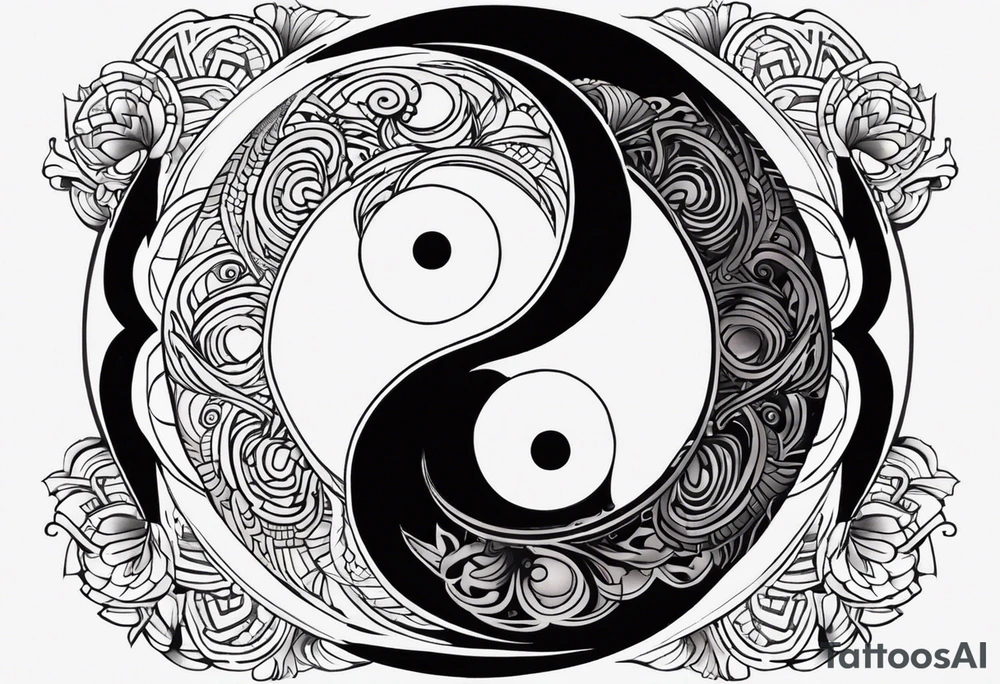 An ying yang tattoo with ouroboros forming this ying yang. And make the background after the ouroboros a mandala fading out. the ying yang goes in the center, the ouroboros delimita the ying yang and the mandala after. Everything is concentric tattoo idea