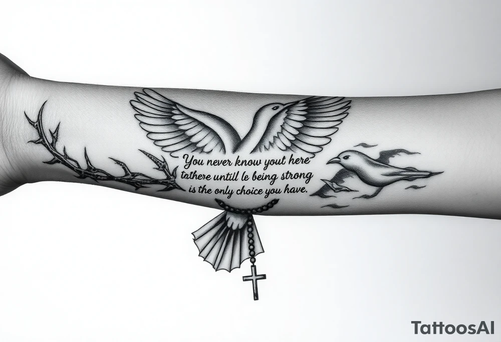 on the entire front arm the whole one its a black person skin and on the wrist is thorns on front of that is a dove and middle theres words that say you never know how strong you are until being strong is the only choice you have with prayer beads around all the words while also having a unique cross on the side of the dove near the area and and above the words theres also a bigger dove and i want a unwiue cross on the side of that too the diver is below the elbow also i want barbed wite wings on the doves and in the body of the dove by the wrist a small number 7 and on the body of the bigger dove i want it to say 1984 also do some nice shading around whats not filled kinda dark but like like super heavenly realistic clouds kinda super realistic and stuff this is all on the whole feont arm covering it tattoo idea